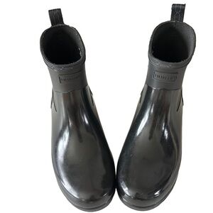 Hunter Duo Rain Boots Low Heel Biker Gloss Black EUC 7 Gardening Rubber Shoes